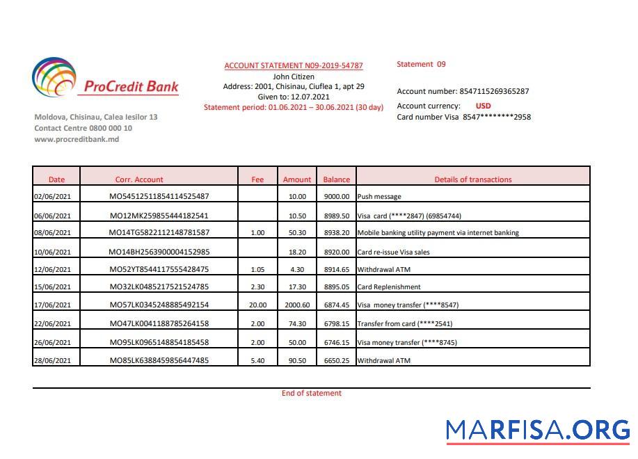 Downloadable Moldova Procredit bank statement excel sample